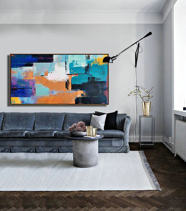 Large Abstract Art Handmade Oil Painting,Horizontal Palette Knife Contemporary Art Panoramic Canvas Painting,Extra Large Canvas Painting,White,Lake Blue,Blue,Black,Earthy Yellow.etc